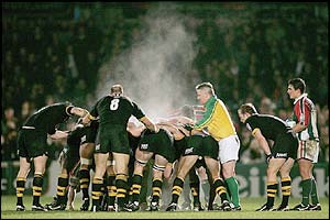 Steam rises from a scrum between Leicester Tigers and London Wasps