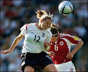 Kelly Smith wins a header against Denmark's Louise Hansen