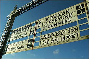 The jockeys' board for Ascot's final meeting before it closed in September 2004