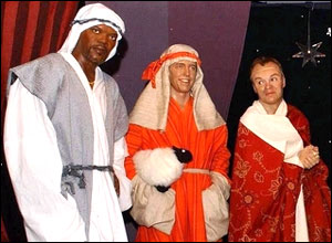 Waxwork models, from left to right, Samuel L Jackson, Hugh Grant and Graham Norton are dressed as shepherds.