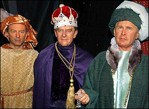 Waxwork models of British Prime Minister Tony Blair (left), The Duke of Edinburgh and President George Bush (right), dressed as the Three Wise Men 