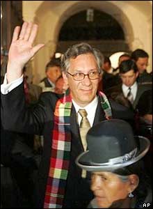 Bolivia's new President Eduardo Rodriguez waves to crowds in the city of Sucre