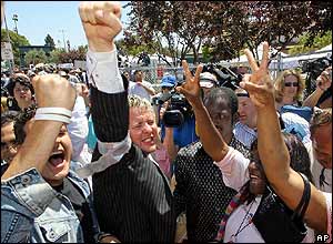 Fans punch the air as the verdicts are read out