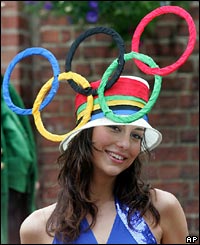 Milla Stanjoevic wears a hat carrying the Olympic Rings
