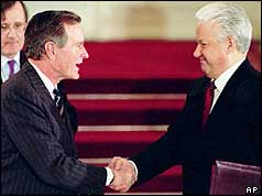 President George Bush and his Russian counterpart Boris Yeltsin shake hands