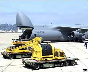 A Super Scorpio and winding gear is loaded on to a C5 transport plane in San Diego, California