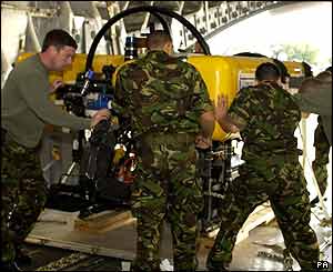 Scorpio 45 craft being loaded at Prestwick airport, Scotland on 5 Aug 2005