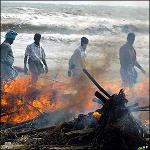 Volunteers cremate bodies at Nagappattinam, the worst hit area of Tamil Nadu