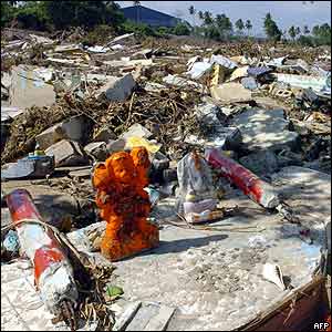 Statues of Hindu gods in the rubble
