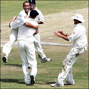 Simon Jones celebrates after removing Hashim Amla