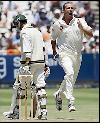 Jacques Rudolph nicks a Simon Jones delivery to wicket-keeper Geraint Jones after making 26 runs