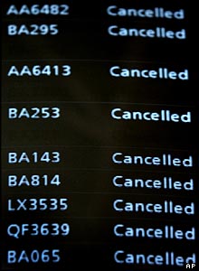 Information screen showing cancelled flights