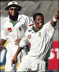 Ntini celebrates dismissing Strauss