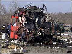 Mangled remains of the bus after it was attacked