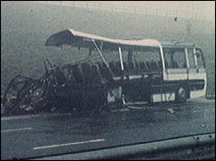 Mangled remains of the coach on the M62
