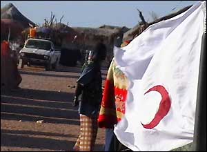 Red Crescent flag in the village of Maraya in Somalia, where the organisation is handing out medical kits