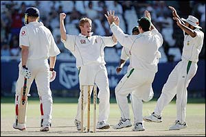 Shaun Pollock celebrates removing Andrew Flintoff