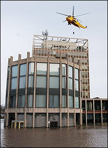 An RAF sea rescue helicopter saves someone from the roof of the Civic Building, Carlisle