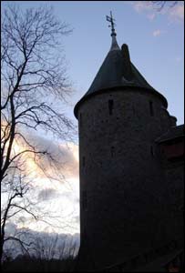 Silhouette of one of the towers of Castell Coch against a dusk sky, sent by Darran from Cardiff