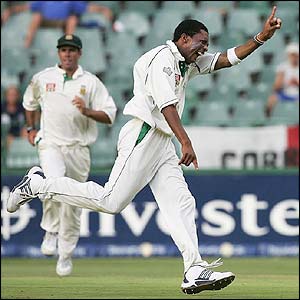 Makaya Ntini takes the wicket of England's Graham Thorpe