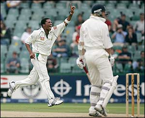 Makhaya Ntini celebrates the wicket of Matthew Hoggard