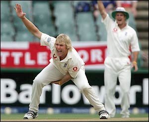 Matthew Hoggard successfully appeals for the wicket of Shaun Pollock just two balls into the day