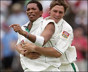 Makhaya Ntini is congratulated by team-mate Dale Steyn after his early success