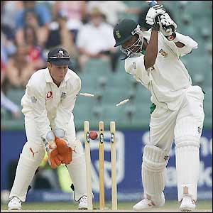 Makhaya Ntini is bowled by Ashley Giles after making a useful score of 26