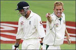 South African bowler Shaun Pollock enjoys capturing the wicket of Geraint Jones