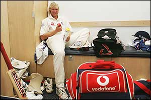 Hoggard rests in the dressing room after a match-winning performance in the fourth Test
