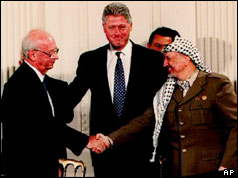Yitzhak Rabin and Yasser Arafat shake hands in front of Bill Clinton