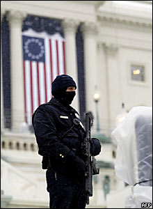 A Capitol policeman guards the stage