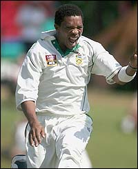 Makhaya Ntini celebrates removing Marcus Trescothick