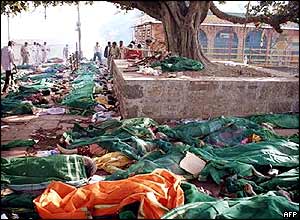 Bodies lined up in the temple