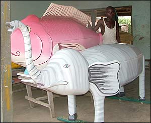 Elephant coffin and pink fish coffin (Picture: Nicky Barranger)