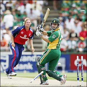 South Africa's Adam Bacher is bowled by Matthew Hoggard
