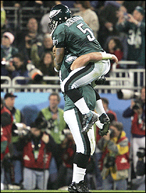 McNabb celebrates his TD pass with Hank Fraley