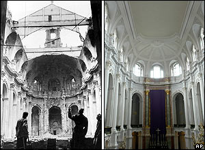 Dresden's Hofkirche viewed from the organ: in ruins in 1946 and as it stands in 2005