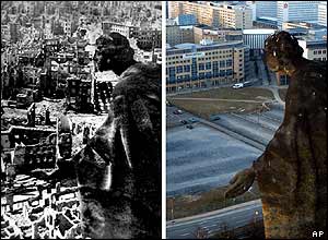 Dresden from the top of the city hall: in ruins in 1945 and as it stands in 2005