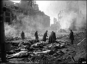 Bodies on Dresden's streets, 25 February 1945, nearly two weeks after the bombing