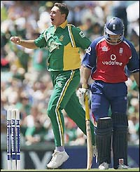 Andrew Strauss clips a Andre Nel delivery to Mark Boucher and goes for 15