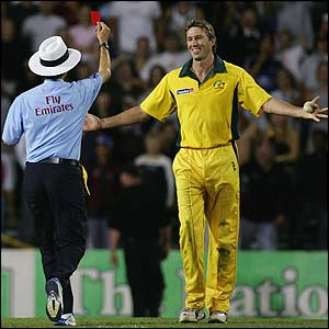 Glenn McGrath is red-carded by umpire Billy Bowden