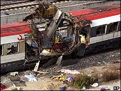 Wrecked train after bomb attacks in Madrid