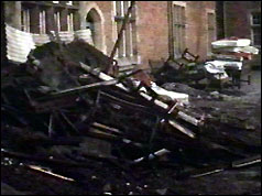 Burnt remains of beds outside Shelton Hospital
