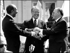 President Sadat (l) President Carter (c) Prime Minister Begin (r) - 1979