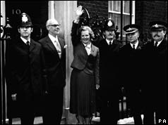 Margaret Thatcher, beside her husband Denis, waves to crowds from Downing Street