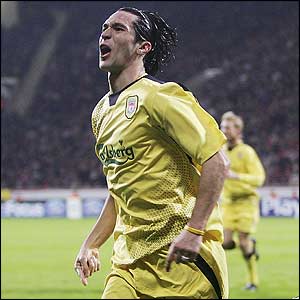 Luis Garcia celebrates scoring Liverpool's first