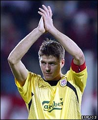 Gerrard applauds the Liverpool fans at the final whistle