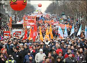 Striking workers protest on the street in Paris, France