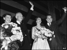 Dwight D Eisenhower and Richard Nixon celebrate with their wives